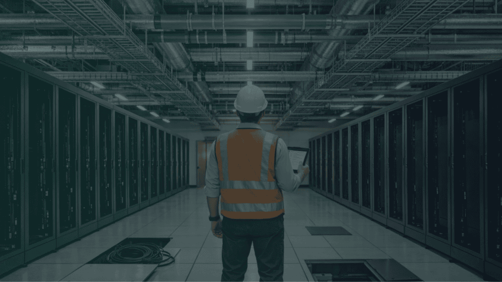 Engineer inspecting server infrastructure inside a hyperscale data centre, highlighting the multidisciplinary teams behind digital infrastructure project delivery.