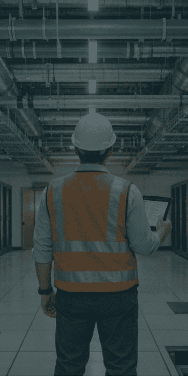 Engineer inspecting server infrastructure inside a hyperscale data centre, highlighting the multidisciplinary teams behind digital infrastructure project delivery.
