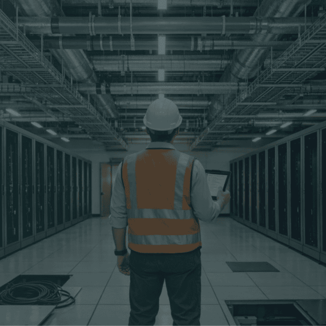 Engineer inspecting server infrastructure inside a hyperscale data centre, highlighting the multidisciplinary teams behind digital infrastructure project delivery.