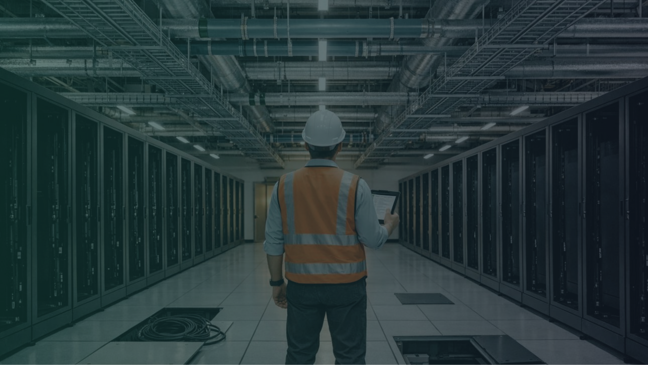 Engineer inspecting server infrastructure inside a hyperscale data centre, highlighting the multidisciplinary teams behind digital infrastructure project delivery.