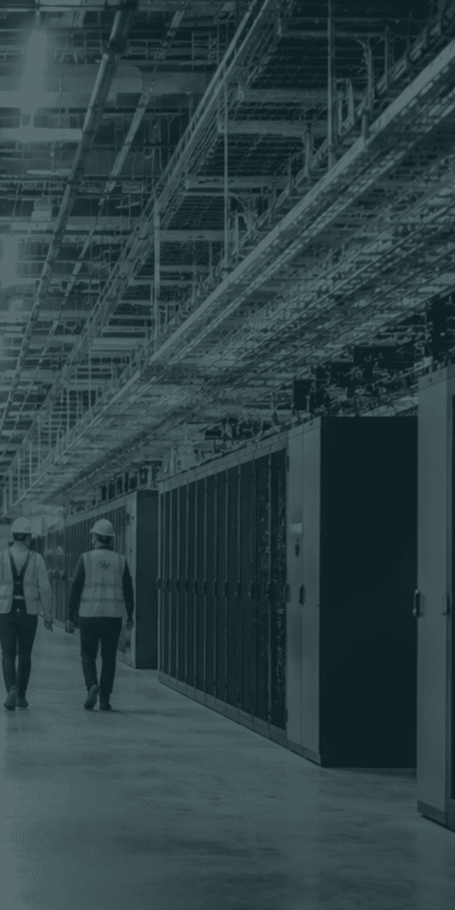 Two data centre professionals walking through a facility under construction, surrounded by server infrastructure and electrical systems.