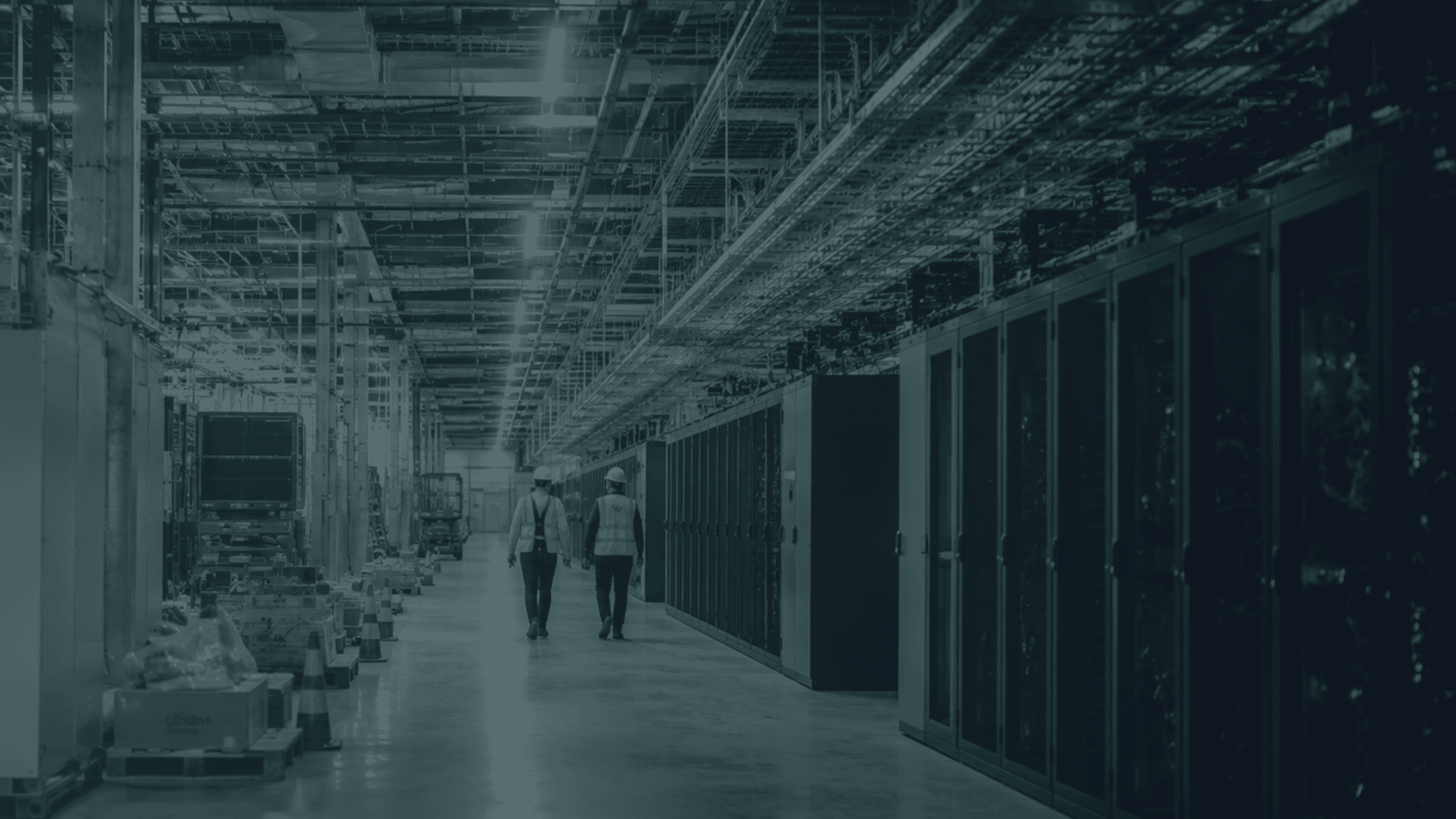 Two data centre professionals walking through a facility under construction, surrounded by server infrastructure and electrical systems.