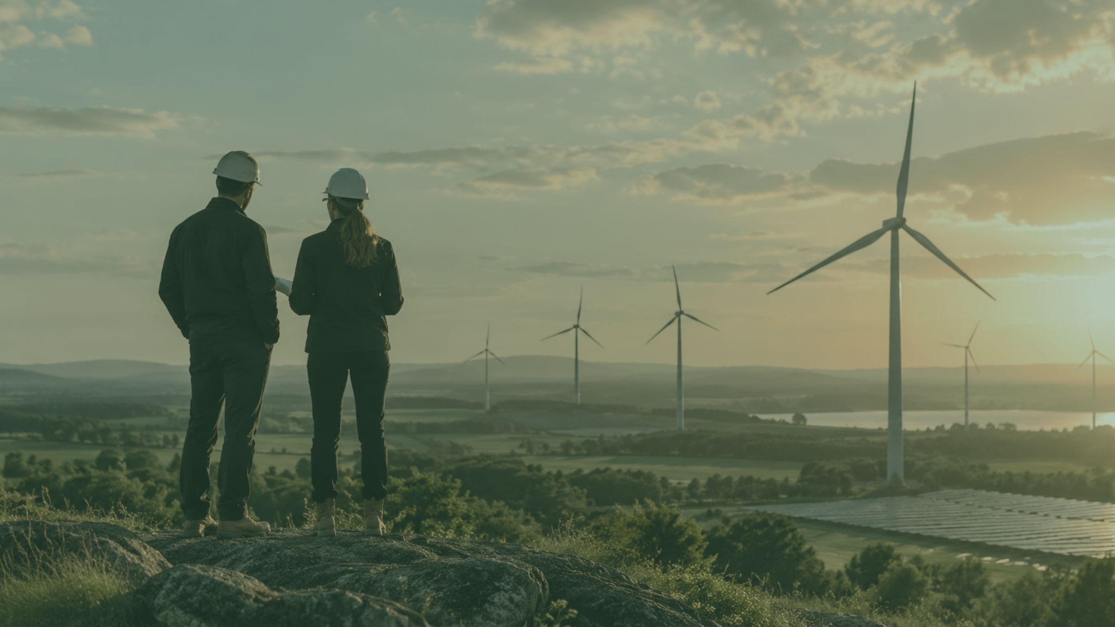 Renewable energy professionals overlooking wind and solar projects during the early stages of project development.